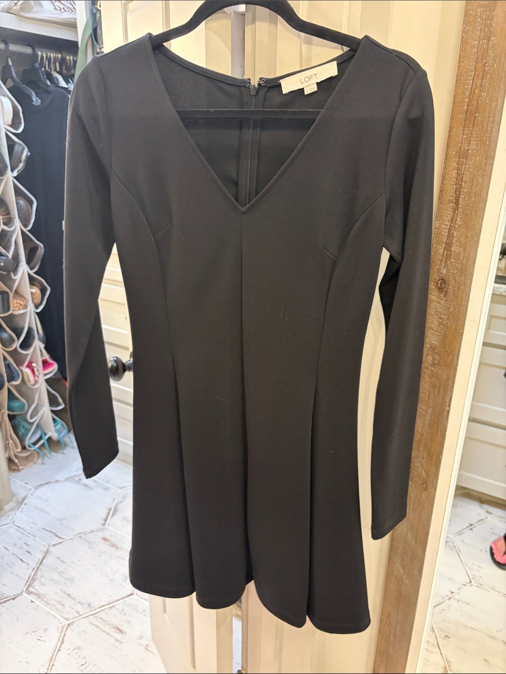 LOFT Black V-Neck Long-Sleeve Fit-and-Flare Dress